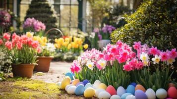 ai généré une coloré jardin réglage avec Pâques des œufs caché parmi le fleurs photo