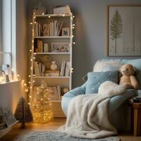 ai généré une enfant chambre avec espiègle hiver décorations et une confortable en train de lire coin, photo