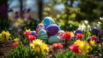 ai généré une coloré jardin réglage avec Pâques des œufs caché parmi le fleurs photo