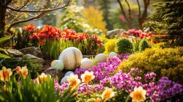 ai généré une coloré jardin réglage avec Pâques des œufs caché parmi le fleurs photo