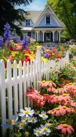 ai généré une charmant printemps jardin avec une blanc piquet clôture et une mélanger de coloré fleurs, photo