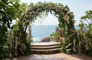 ai généré mariage la cérémonie et arcade avec tropical arbre et fleur, côtier paysage, photo