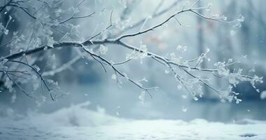 ai généré brindilles, arbre branches et neige couvrant le sol hiver Contexte photo