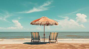 ai généré deux chaises sur le plage en dessous de parapluie, photo