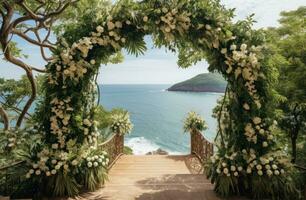 ai généré mariage la cérémonie et arcade avec tropical arbre et fleur, côtier paysage, photo