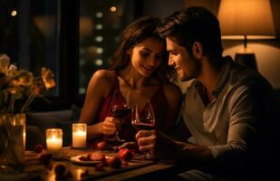 ai généré homme sur Date grillage du vin avec femme séance sur une lit photo