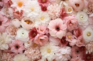 ai généré beaucoup rose et blanc fleurs sont posé dehors, photo