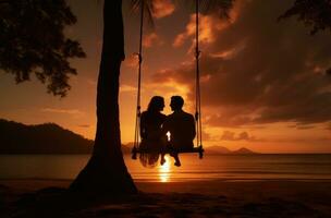 ai généré couple dans balançoire sur le plage avec le Soleil derrière eux, photo