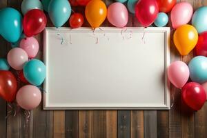 ai généré coloré des ballons arrangé dans une Cadre sur une en bois arrière-plan, photo