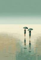 ai généré plage les filles avec parapluies en marchant dans le l'eau plage, photo
