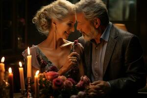 ai généré un vieux couple embrasser à dîner avec des roses et bougies, photo