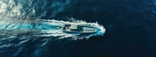 ai généré aérien métrage de bateau excès de vitesse à travers le océan bateau photo