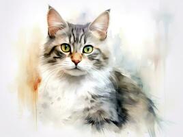 ai généré une aquarelle La peinture de une tigré chat, lumière blanc et foncé or, photo