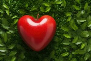 ai généré une brillant rouge Pomme avec une cœur forme sur une Contexte de luxuriant herbe et feuillu légumes verts photo