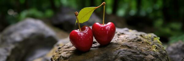 ai généré paire de cerises formant une cœur forme sur une mousse couvert Roche avec brillant rouge et Terre Ton couleurs photo