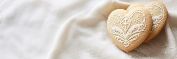 ai généré une cœur glacé biscuit sur une toile de jute en tissu avec une crémeux blanc et beige Couleur schème photo