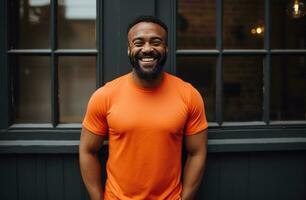 ai généré une agréable portrait de une barbu homme dans un Orange chemise, photo