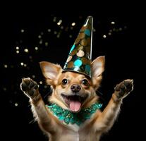 ai généré une chien permanent dans une fête chapeau avec rouge et Jaune arc dans le milieu, photo