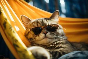 ai généré une chat habillé en haut dans des lunettes de soleil est en train de dormir dans une hamac, photo