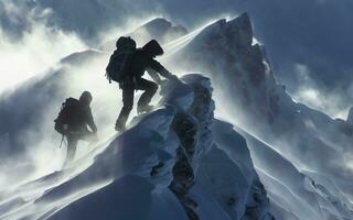 ai généré neige grimpeur sport escalade haute Montagne et Tempête De Neige la glace Montagne de pointe photo