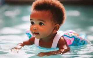 ai généré Jeune enfant en jouant dans le bassin le concept de donnant naissance dans l'eau photo