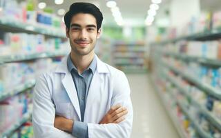 ai généré une pharmacien des stands avec le sien bras franchi dans une drogue magasin. le Contexte de le pharmacie étagère est flou. photo