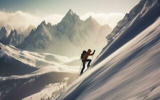 ai généré neige grimpeur sport escalade haute Montagne et Tempête De Neige la glace Montagne de pointe photo