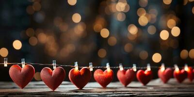 ai généré content la Saint-Valentin journée mariage anniversaire Contexte bannière panoramique salutation rouge cœurs pendaison sur en bois pinces à linge corde avec bokeh lumières sur Contexte photo