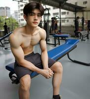 ai généré Jeune asiatique Masculin modèle, brillant sourire, bien chiffre, exercice Contexte à le salle de sport, haute résolution. le entier image est pointu. produire ai photo