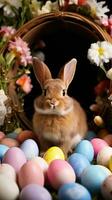 ai généré un adorable lapin lapin séance dans une lit de fleurs, entouré par Pâques des œufs photo