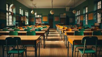 ai généré vide salle de cours avec chaises et les tables. photo