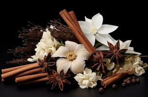 ai généré une blanc fleur avec cannelle des bâtons et vanille gousses, photo