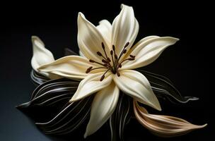 ai généré un élégant fleur avec vanille des haricots sur une noir table Haut photo