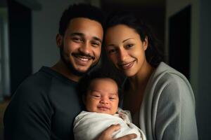 ai généré une content couple en portant leur nouveau née bébé, symbolisant le joie de accueillant une Nouveau enfant photo