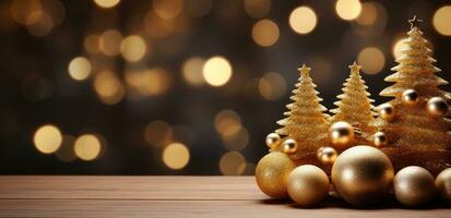 ai généré une Noël arbre et or des balles sur une en bois table photo