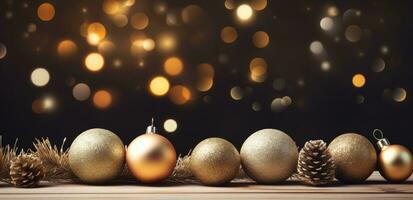 ai généré une Noël arbre et or des balles sur une en bois table photo