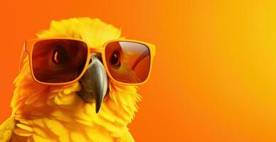 ai généré une brillant Jaune oiseau portant des lunettes de soleil sur une Orange Contexte photo