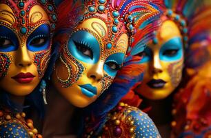 ai généré femmes porter coloré masques à une carnaval photo