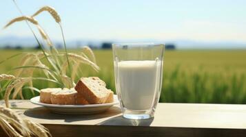 ai généré deux des lunettes de Lait et une pain de pain sur une en bois table avec herbeux alentours photo