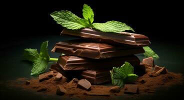 ai généré certains Chocolat pièces et menthe feuilles sur une foncé Contexte photo