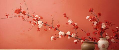 ai généré rouge mur avec kimono Cerise fleurs photo