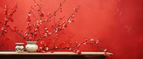 ai généré rouge mur avec kimono Cerise fleurs photo