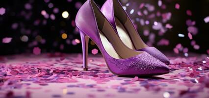 ai généré violet briller talons sur Haut de coloré confettis, photo