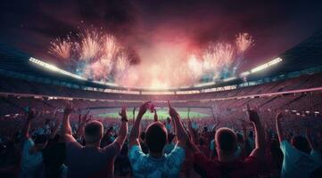 ai généré gens célébrer pour le gros rencontre à des sports stade Football Ventilateurs photo