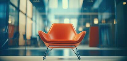 ai généré dans un Bureau avec coloré des murs, une brillant Orange chaise mensonges contre verre photo