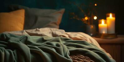 ai généré vert jeter couverture sur lit luxe chambre intérieur photo
