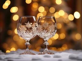 ai généré couple de des lunettes avec ornements de flocons de neige sur table dans hiver photo