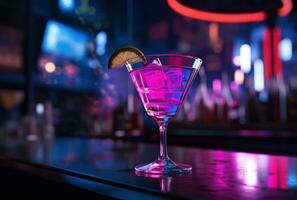 ai généré cocktail à le bar avec coloré lumières et néon signe photo