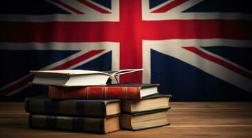 ai généré Britanique drapeau sac à dos et livres sur bureau photo
