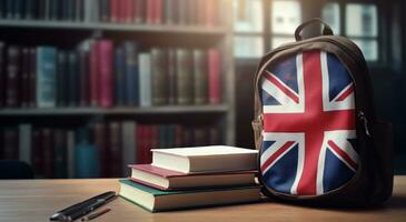 ai généré Britanique drapeau sac à dos et livres sur bureau photo